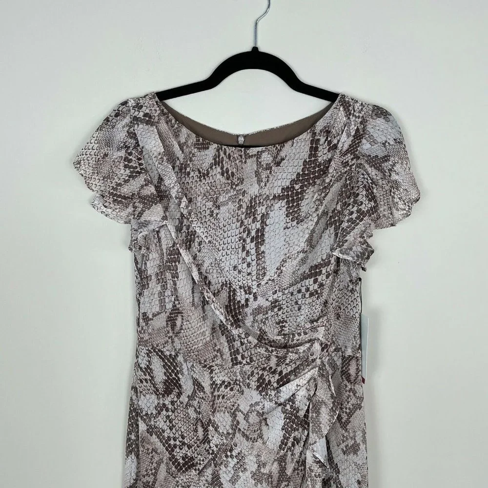 Vince Camuto Womens Printed Chiffon Midi Dress 8 Ruffle Flutter Sleeve Snakeskin